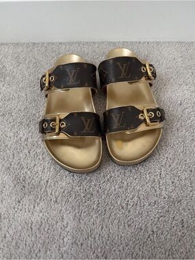 Louis Vuitton Brown Monogram Gold Buckle Slides
